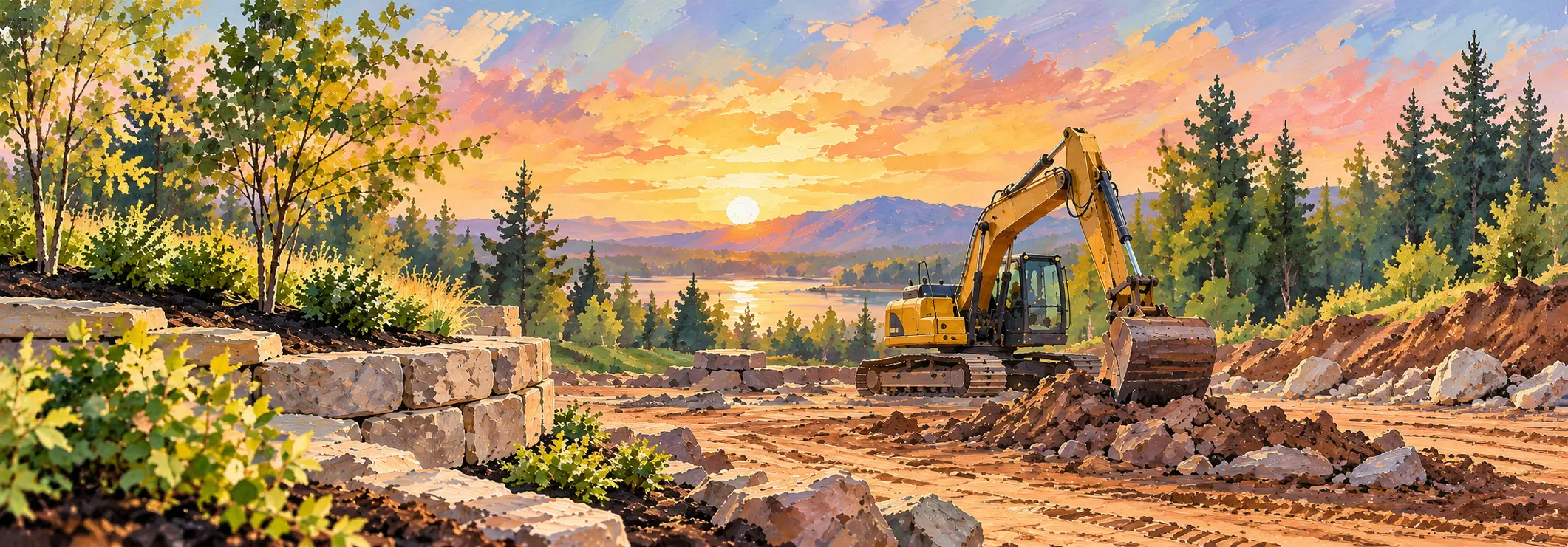 Illustration: an excavator on a cleared lot above a lake at sunset