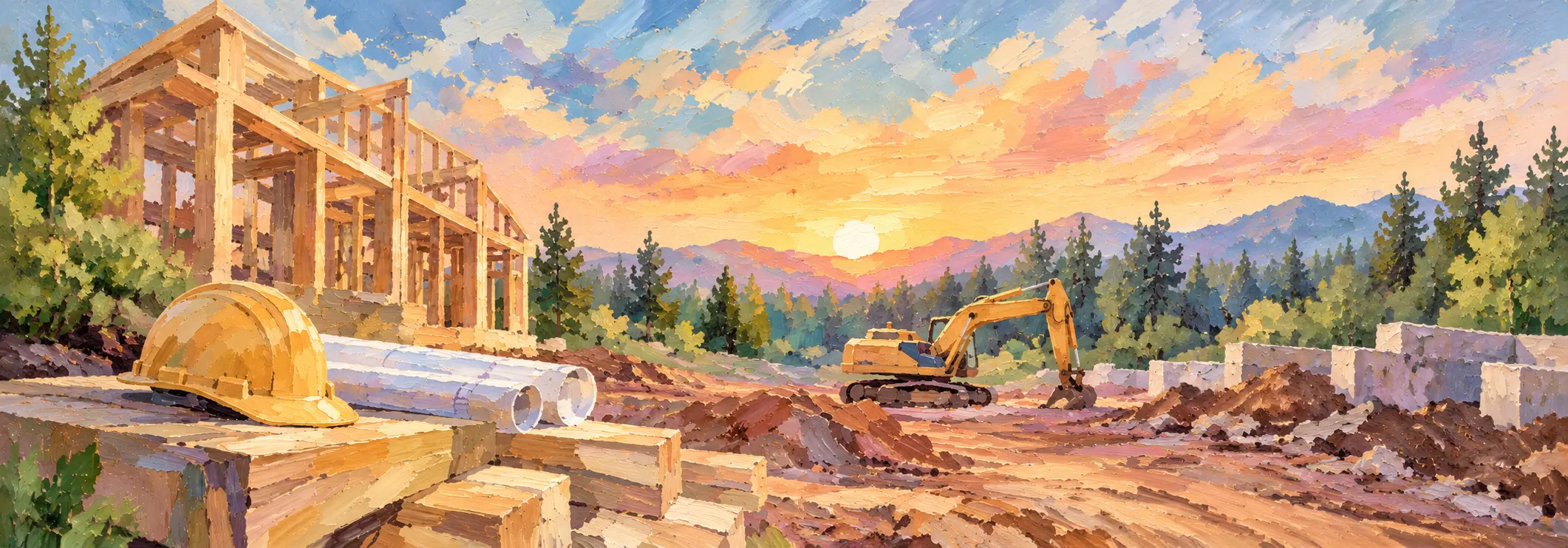 Illustration: a timber-framed house going up, with a hard hat and rolled plans on a lumber pile