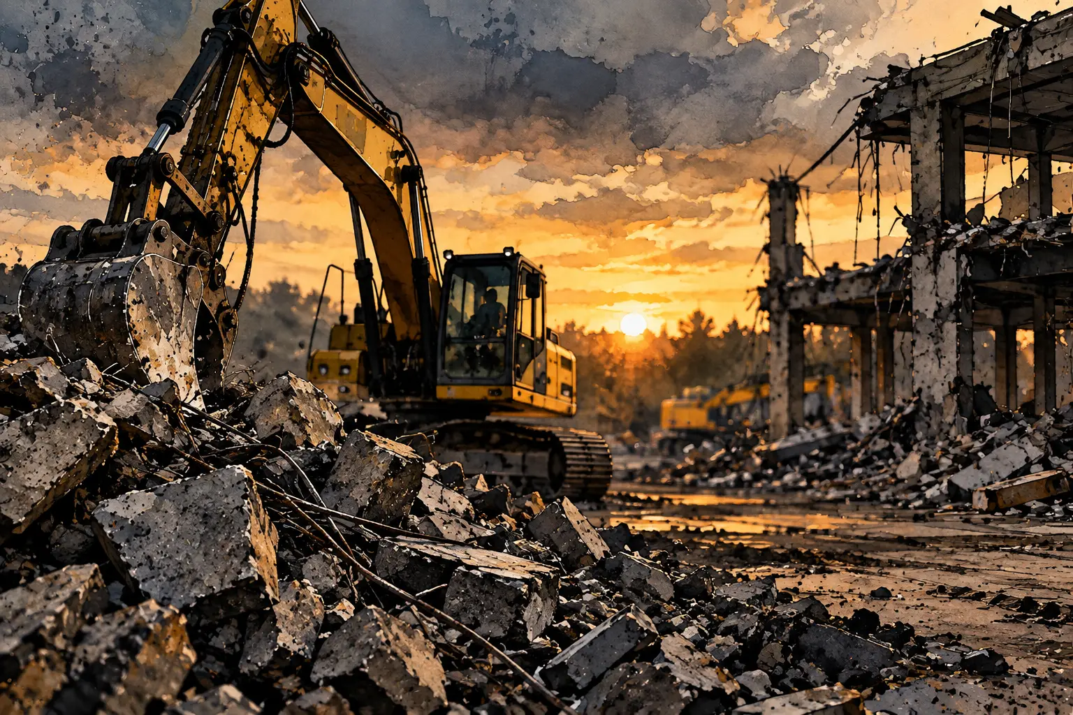 Illustration: an excavator clearing concrete rubble at sunset