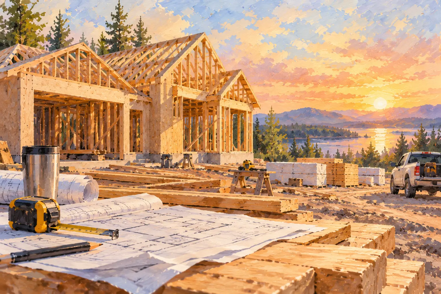 Illustration: a timber-framed house going up beside a lake at sunset, with plans, a tape measure and a travel mug on the lumber pile