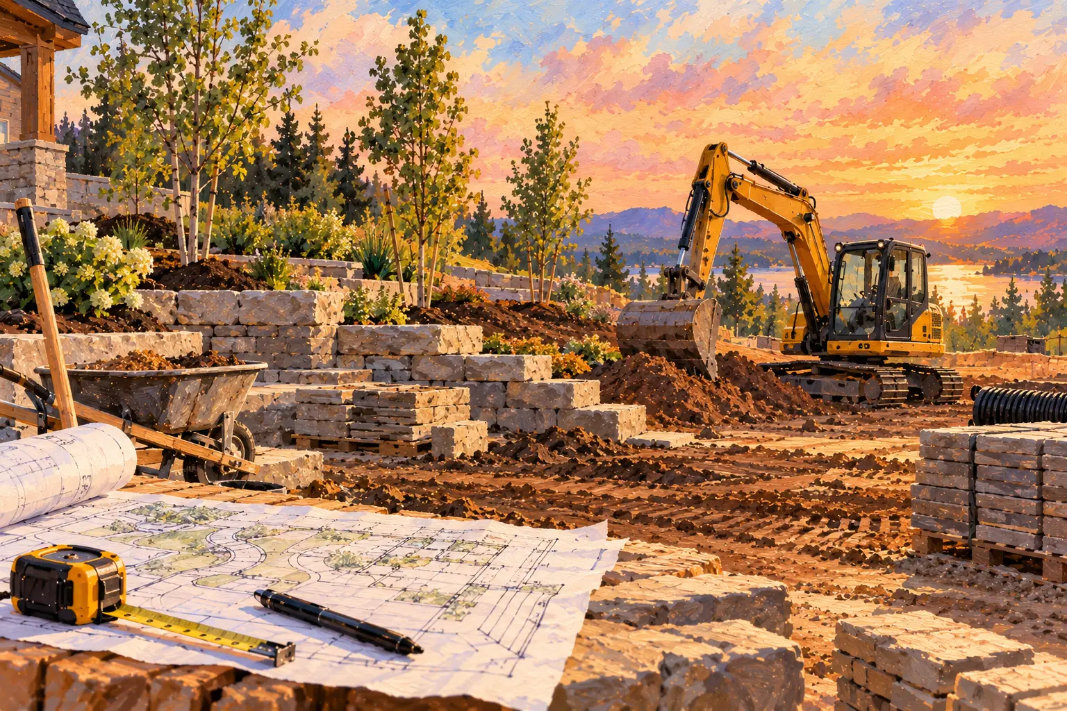 Illustration: a landscaping site at sunset, with new stone retaining walls, an excavator, and plans held down by a tape measure and a pen